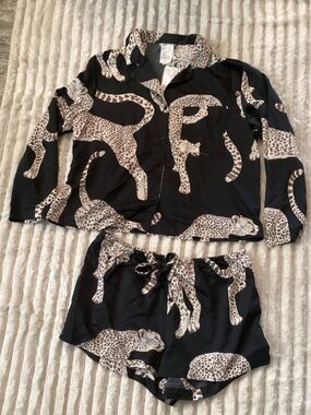 H&M Black Pajama Set with Cream Leopard Print